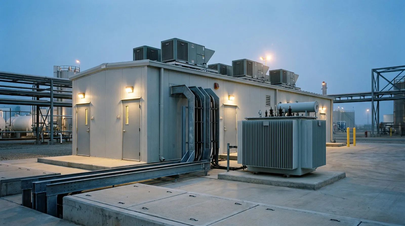 Rendering of a prefabricated power distribution center with a pad-mounted transformer at an industrial plant at dusk