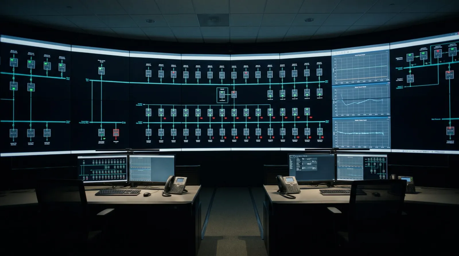 Rendering of a power control room with a wall of one-line diagram displays and two operator desks